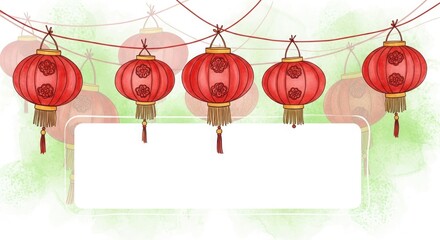 Festive red Chinese lanterns hanging on strings with a soft green watercolor background and empty space at the bottom. frame mock up with copy space for text and greetings.
