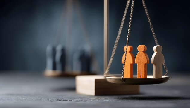 Brass scales of justice balancing two wooden figures against a group of four representing legal weight and the concept of societal equity