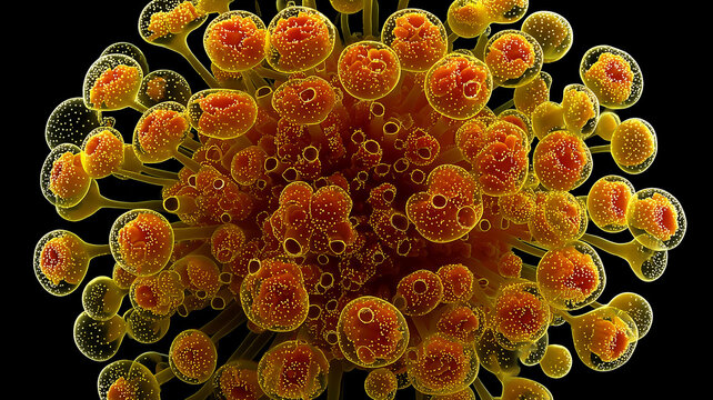 Dense spherical biological formation representing cellular expansion, organic complexity, and advanced microbiological processes.
