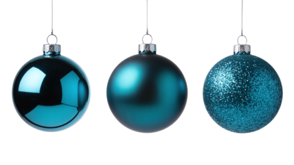 Three hanging blue-green (teal) Christmas ornaments with different textures: glossy, matte, and sparkling glitter, isolated on a clean white background.