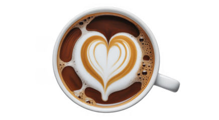 White coffee cup with heart latte art and foam isolated on a transparent background