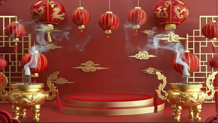 A red and gold podium flanked by ornate incense burners under hanging red lanterns - Powered by Adobe