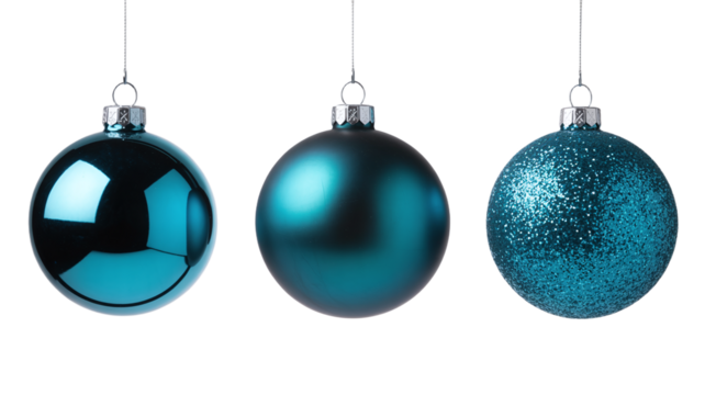 Three hanging blue-green (teal) Christmas ornaments with different textures: glossy, matte, and sparkling glitter, isolated on a clean white background.