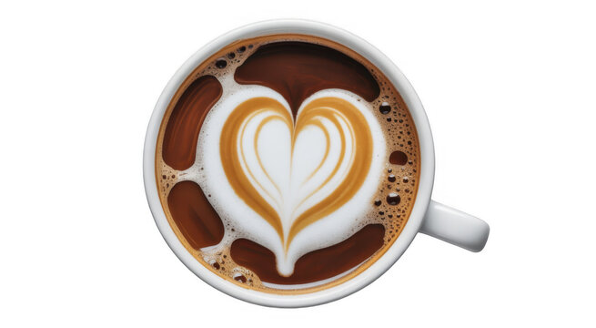 White coffee cup with heart latte art and foam isolated on a transparent background