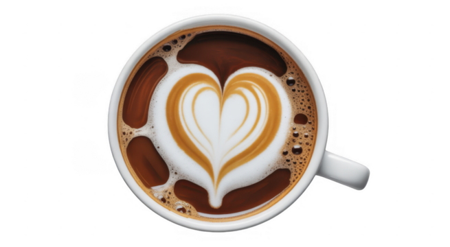 White coffee cup with heart latte art and foam isolated on a transparent background