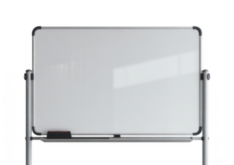 White dry erase board with black frame and silver stand isolated on a transparent background