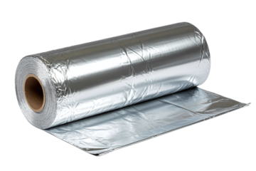 Large, full commercial roll of shiny silver aluminum foil, commonly used for food packaging and household wrapping, isolated on a clean white background.