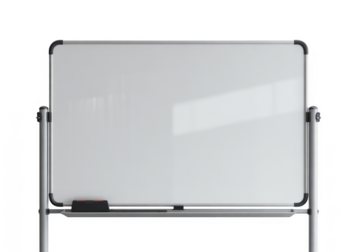 White dry erase board with black frame and silver stand isolated on a transparent background