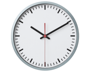 Minimalist Wall Clock with Silver Metal Frame, Black Hands, and Red Second Hand Isolated on a White Background Representing Time Management