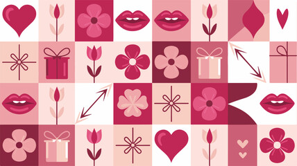 Geometric Pattern of Hearts Flowers Lips and Gifts