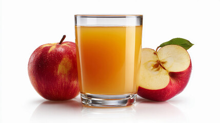 Fresh apple juice in glass with red apples isolated on white background, healthy drink, refreshment