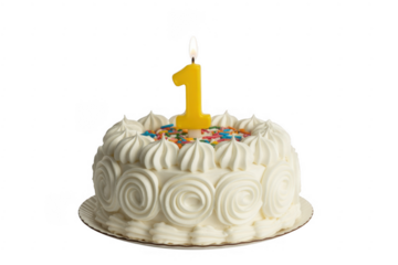 White frosted cake with yellow number one candle and sprinkles isolated on a transparent background