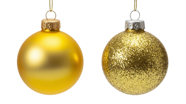 Two hanging gold Christmas ornaments showcasing different textures: smooth matte finish and sparkling glitter, isolated on a clean white background.