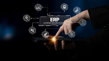 ERP platform visual showing centralized system for enterprise resource planning, improving integration, data flow, business efficiency, finance, inventory, and human resources. Spline