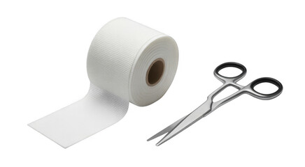 White medical bandage roll and surgical scissors isolated on a transparent background