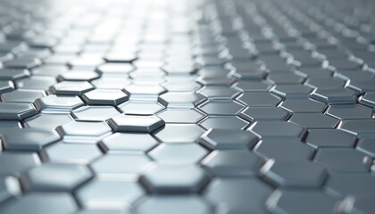 Fototapeta premium Abstract tech illustration shows repeating pattern of hexagonal tiles. Glossy grey 3D surface background is ideal for web design. Modern digital design concept is based on geometry.