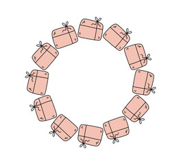 A round frame of pink gift boxes, isolated on a white