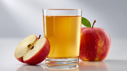 Refreshing apple juice in a glass with fresh red apples, one sliced in half, isolated on white background
