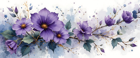 abstract water color brash painting minimalist purple and royal blue transparent flowers with branches with green Patels, golden line patels edge, clean, illustrated vector style, in a white backgroun