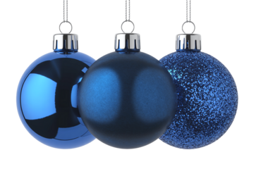 Collection of three vibrant royal blue Christmas ornaments with varied finishes: reflective glossy, smooth matte, and sparkling glitter, isolated on a white background.
