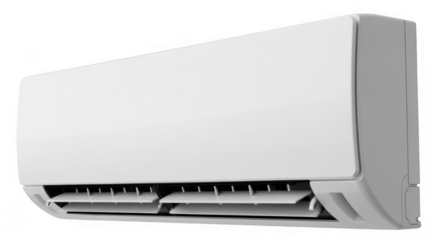 White split system air conditioner unit with open louvers isolated on a transparent background