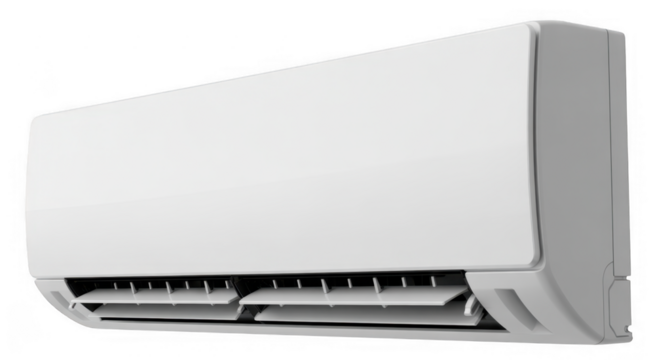 White split system air conditioner unit with open louvers isolated on a transparent background - Powered by Adobe