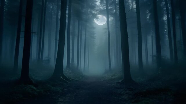 Moonlight through dark forest trees at night