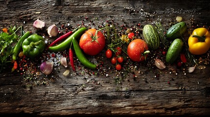 A colorful array of fresh organic vegetables and aromatic spices on a rustic wooden table, ideal for healthy cooking and gourmet meals