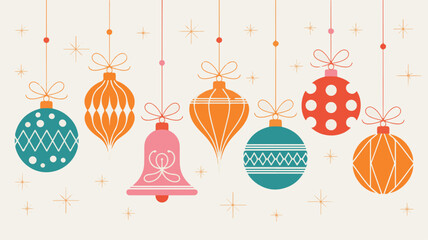 Hanging Christmas Ornaments and Bell on a Light Background