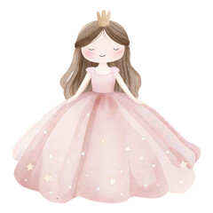 Elegant pink princess illustration with flowing gown, golden crown and soft watercolor details © ThemeRage