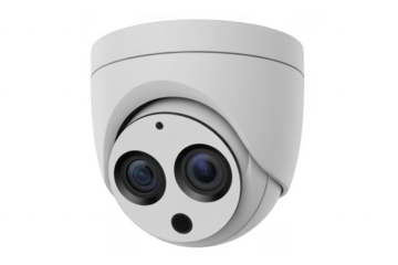 White surveillance camera with dual lenses isolated on a transparent background