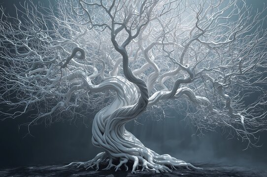 Ancient gnarled tree with twisted branches and ethereal light illuminating its mystical aura