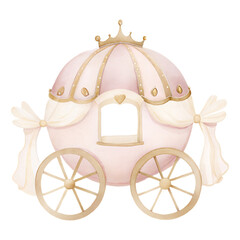 Elegant Pink Princess Carriage with Golden Crown and Royal Curtain Details Illustration