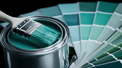 Paint brush dips into open teal paint can, color palette fan shows many shade options.