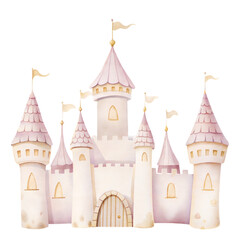 Fairytale pink watercolor castle with tall towers, soft pastel roofs and decorative flags for magical princess designs