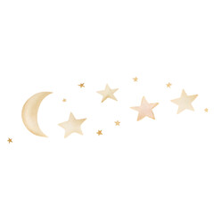 Watercolor celestial clipart with pastel moon and scattered stars for magical nursery decor