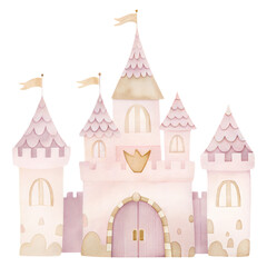 Soft Pink Fairytale Castle Illustration with Towers, Flags and Cute Fantasy Details