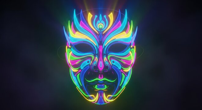 Fluorescent ornamental facial covering illuminates a dark background with vibrant, glowing lines