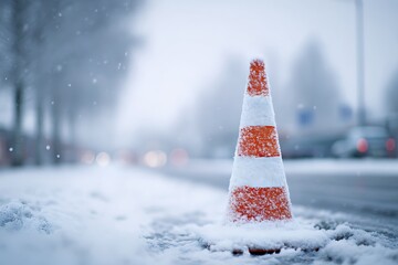 Traffic cone covered in fresh snow on a roadside, symbolizing winter road safety, caution, severe weather conditions, road work, and visibility issues.