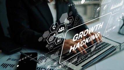 Digital Marketing Strategy with Growth Hacking Concept Represented on Laptop Screen in Modern Workspace. Asymptotic smart data analytic.