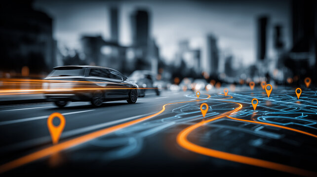Smart mobility visualization showing vehicle navigation pathways and representing modern transportation networks enhanced by digital geolocation technology.
