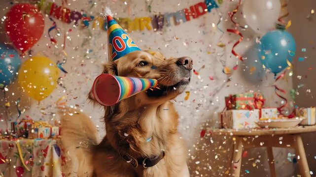 Happy Birthday Dog Wearing Party Hat and Blowing Horn.