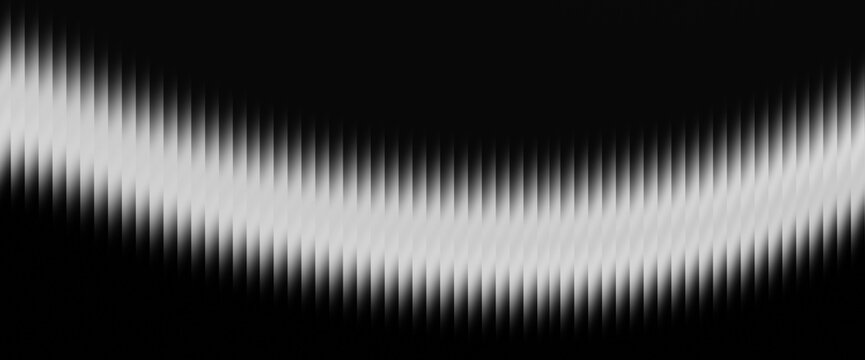 Abstract digital waveform pattern with a curved, jagged white and grey gradient band on a black background, creating a modern and dynamic visual effect for technology and design