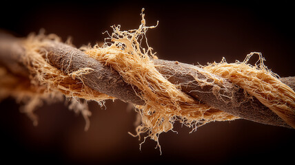 A twisted organic strand with frayed fibers illustrating structural tension biological resilience and the natural breakdown of interconnected materials.
