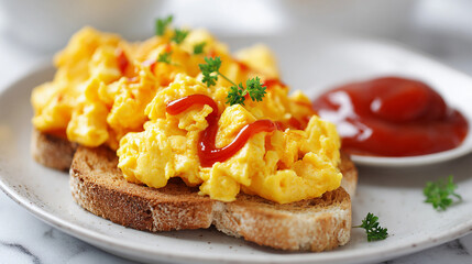 Delicious scrambled eggs on toast with ketchup and parsley garnish, served on a white plate for breakfast