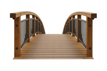 Wooden arched pedestrian bridge with black metal railings isolated on a transparent background