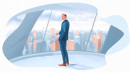 A businessman gazes out of a modern office overlooking a city skyline, symbolizing ambition and future opportunities.
