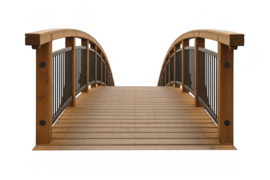 Wooden arched pedestrian bridge with black metal railings isolated on a transparent background