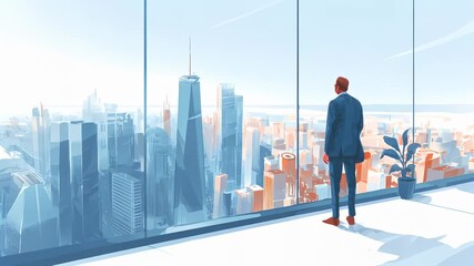 A person stands in an office looking out over a modern city skyline with tall buildings and a clear sky.