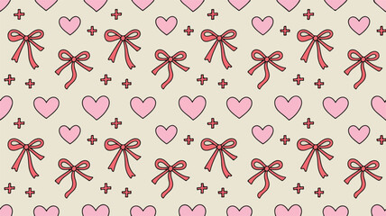 Pink Bows and Hearts Pattern on Cream Background ribbon